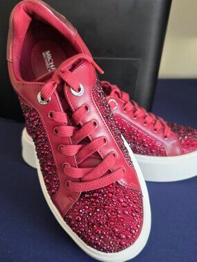 Michael Kors Red Rhinestone Sneakers Women Platform Shoes Size 6 MK Sparkle Fash